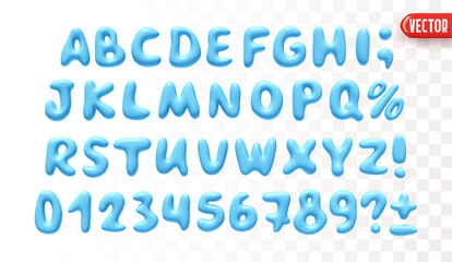 Plastic 3d realistic font liquid shapes blue color. A set of letters and numbers isolated on a white background with a transparency effect. vector illustration