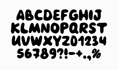 Obraz premium Black bubbly font set featuring uppercase letters, numbers and special characters. Ideal for fun and creative design projects. Vector illustration