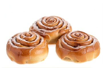 Fototapeta premium Homemade Cinnamon Rolls with Velvety Vanilla Glaze Displayed on a White Background