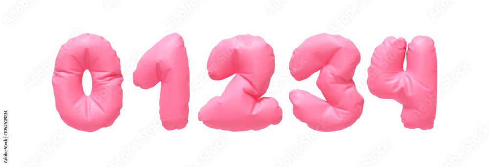Poster collection of inflated balloons numbers from 0 to 4 isolated on a white background. realistic 3d des
