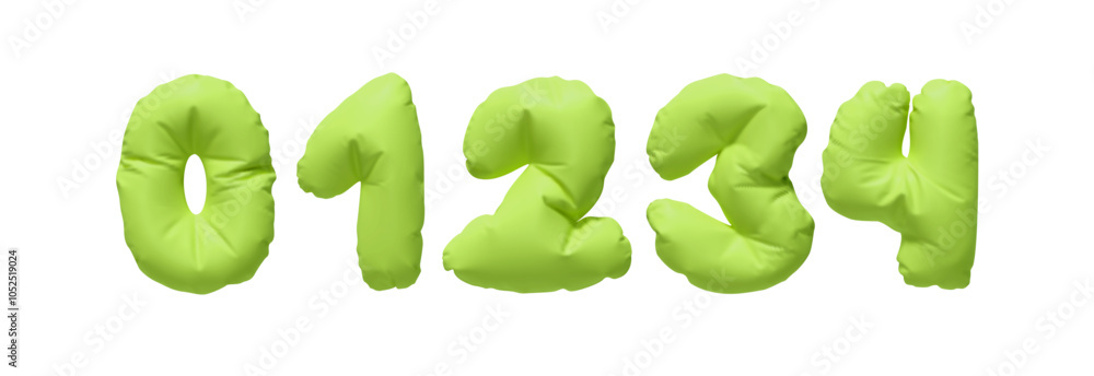 Poster Collection of Inflated balloons numbers from 0 to 4 isolated on a white background. Realistic 3d design. Set of numbers made of rumpled latex material green soft colors. Vector illustration