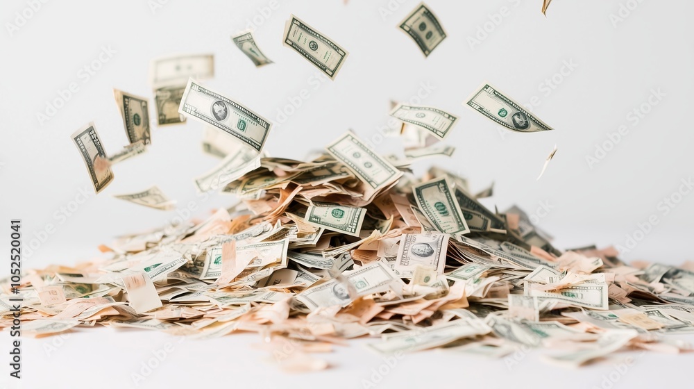 Poster a large pile of scattered u.s. dollar bills on a white background in a minimalistic setting showcasi