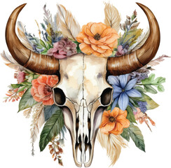 Bull skull illustration. Bull skull hand drawn illustration in vintage engraving style, Vintage bull skull design vector, skull with flowers illustration artwork