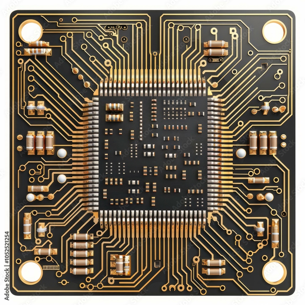 Poster close up of a modern printed circuit board featuring a prominent microchip and intricate gold connec