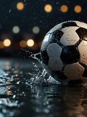 Fototapeta premium Macro shot of a soccer ball splash in stormy weather with glistening water particles and city lights.