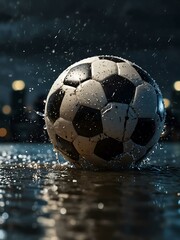 Fototapeta premium Macro shot of a soccer ball splash in stormy weather with glistening water particles and city lights.