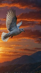 Naklejka premium Majestic dove soaring against a vibrant sunset, symbolizing peace and freedom.