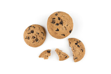 Top view of a singular biscuit chocolate cookie bite with crumbs, isolated on white background