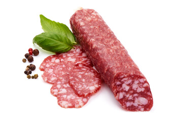 Italian sausage. Tasty dried sausage, close-up, isolated on white background.