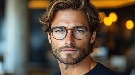 Obraz premium A man with stylish glasses and tousled hair poses thoughtfully in a modern café during late afternoon