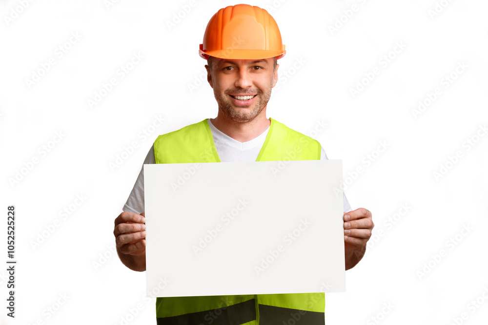Poster construction worker showing empty poster board advertising your text posing standing on white backgr