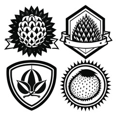 Set of black and white vector badges, stickers, high quality signs, with durian fruit
