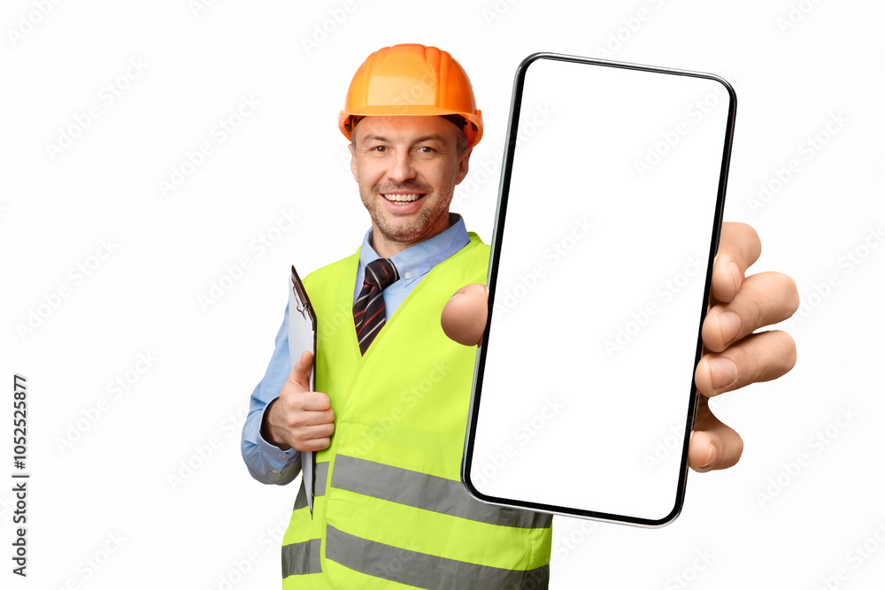 Aufkleber happy builder pointing pencil at camera holding folder standing on white studio background. building