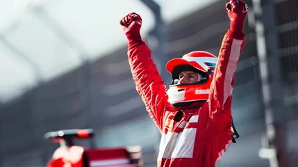  A formula one driver in a red racing suit celebrates his victory. He is wearing a helmet and gloves. © Mer