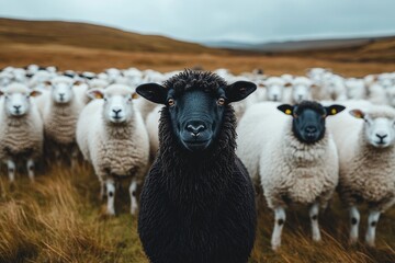 Black sheep standing out from the herd in a field