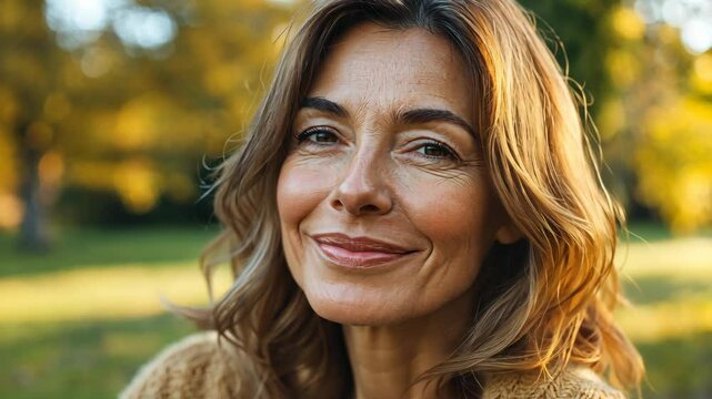 A woman with brown hair smiles gently in a park setting with fall foliage in the background