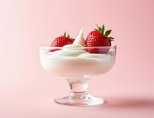strawberry close-up in a glass saucer yogurt sour cream