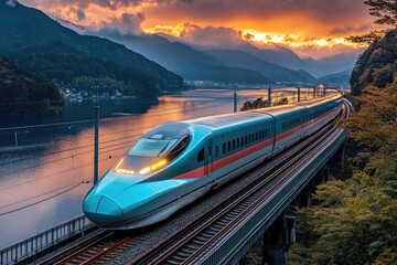 Shinkansen bullet train traveling through scenic japanese landscape at sunset