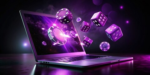 Fototapeta premium Violet Online Casino Offer with Laptop, Dice, and Chips in Low Light Photography