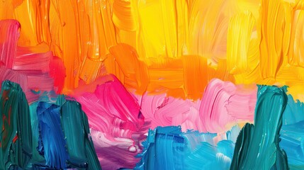 A vibrant abstract painting featuring bold strokes of orange, pink, and blue hues.