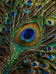 Fototapeta premium Peacock feather in vibrant close-up.