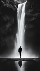 Silhouetted Man in Suit Standing Before Majestic Waterfall with Reflection in Tranquil Pool, Black and White Image