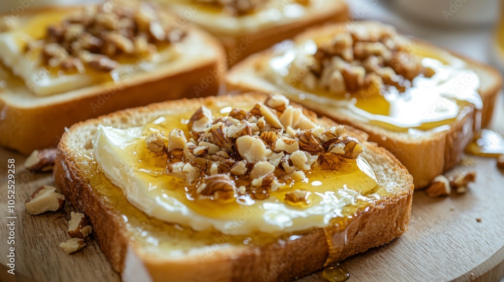 Poster delicious breakfast with honey and nuts on toast