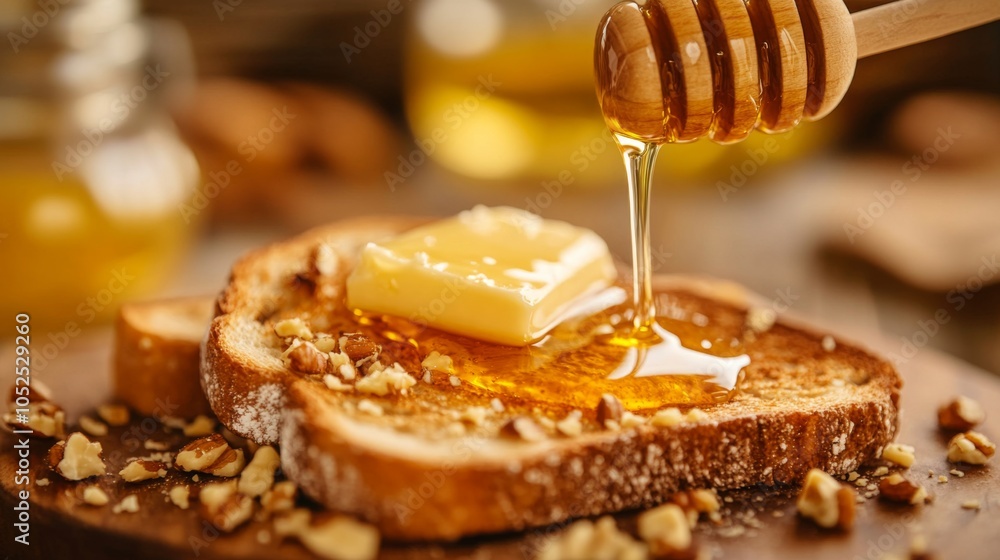 Poster toast with honey and butter drizzle on wooden table