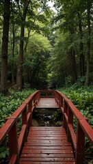 Obraz premium Red wooden bridge in a forest park