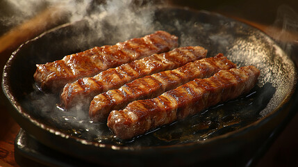 Sizzling meat cooking with smoky aroma