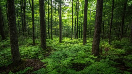 Obraz premium Sunlight filters through the canopy of a lush green forest, illuminating a carpet of ferns on the forest floor.