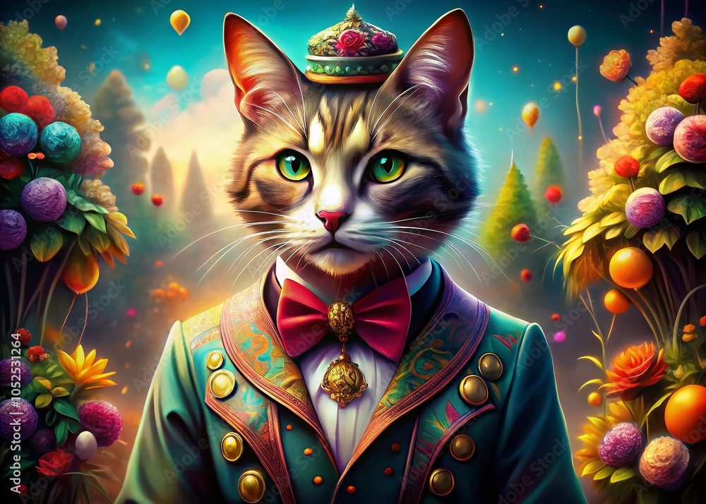 Poster whimsical cartoon cat in elegant attire: charming and playful high dynamic range image