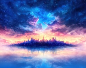 Obraz premium A serene landscape with a colorful skyline reflected in tranquil water under a mystical, starry sky.