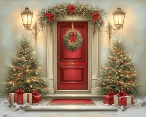 Festive Christmas Door with Wreath	