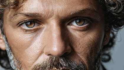 Obraz premium Intense Middle-age Male Close-up Portrait Capturing Eye Detail and Facial Texture
