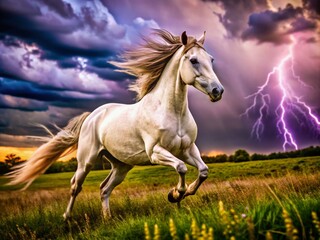 Fototapeta premium Wild Mustang Running Through Stormy Fields - Majestic White Horse in Motion