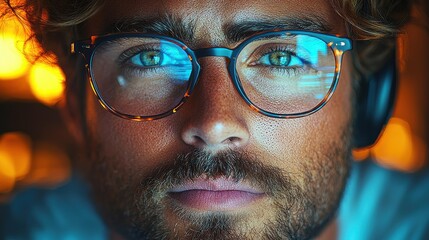 Young man with glasses and headphones focused on a screen in a dimly lit setting during the evening hours