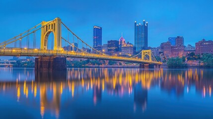 Fototapeta premium A panoramic view of the city skyline with a bridge in the foreground, illuminated by the city lights and reflecting in the water at dusk.