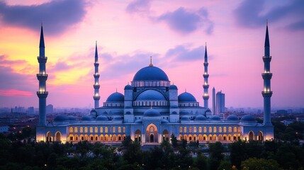 Obraz premium Majestic mosque with minarets against a vibrant sunset sky.