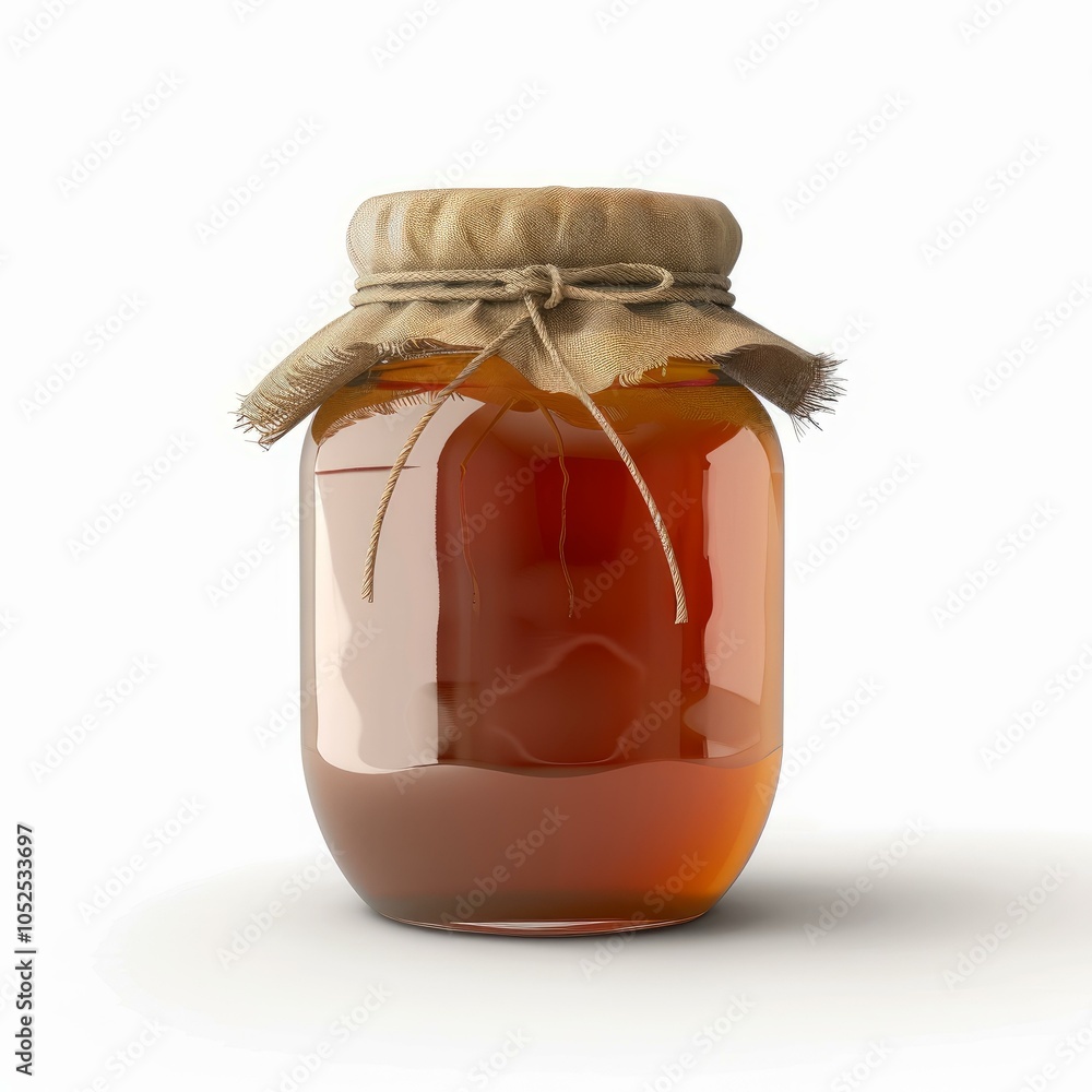 Poster honey jar with hessian cloth cover and string bow isolated on white background representing natural 