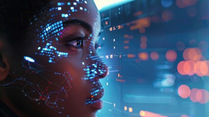 Futuristic technology interface with digital face recognition and data visualization