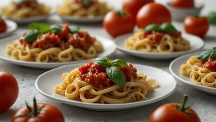 Silver fork twirling pasta with rich tomato sauce, garnished with basil on a clean white background.