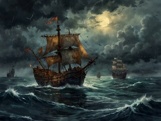 Obraz premium Skeleton crew sailing through a storm with cursed treasure, watercolor style.