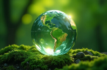 Glass planet earth on green natural background, ecology concept 