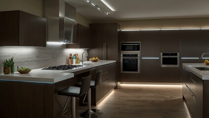 Sleek kitchen with LED cabinet lighting