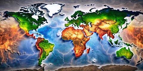 World Map Highlighting Climate Change Hot Zones in Low Light Photography