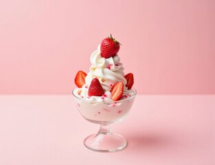 strawberry ice cream with strawberries in a glass cup