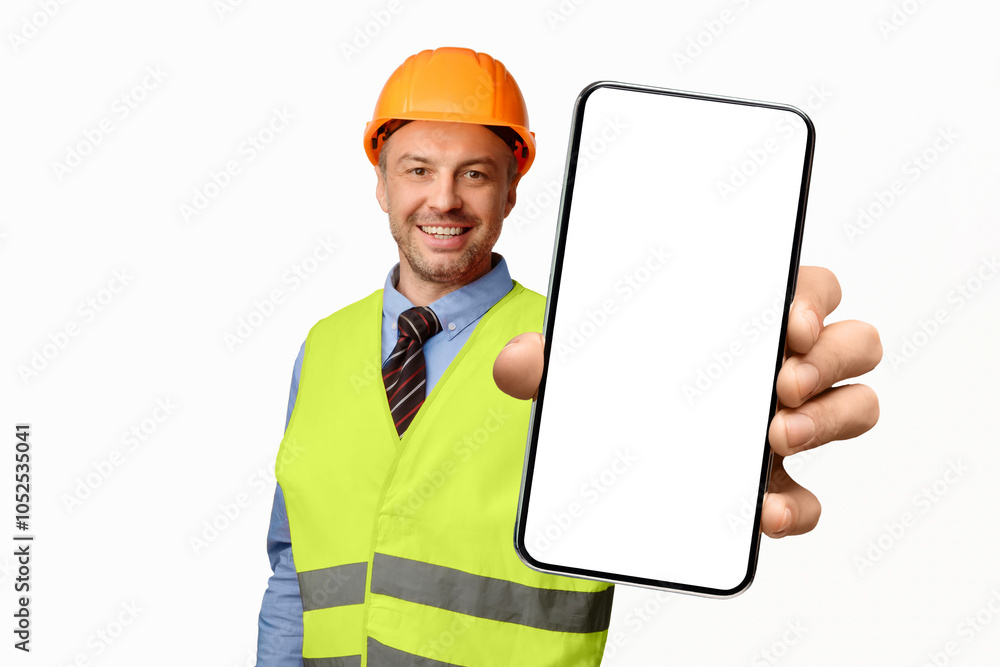 Aufkleber building is okay. construction site worker gesturing ok posing over white studio background, smiling