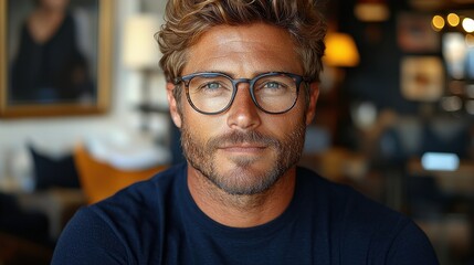 Obraz premium A contemplative man with glasses sits in a cozy café, enjoying the ambiance and deep in thought during the afternoon