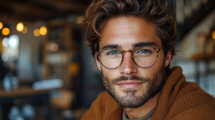 Obraz premium A young man with stylish glasses smiles warmly in a cozy café filled with soft lighting and inviting atmosphere